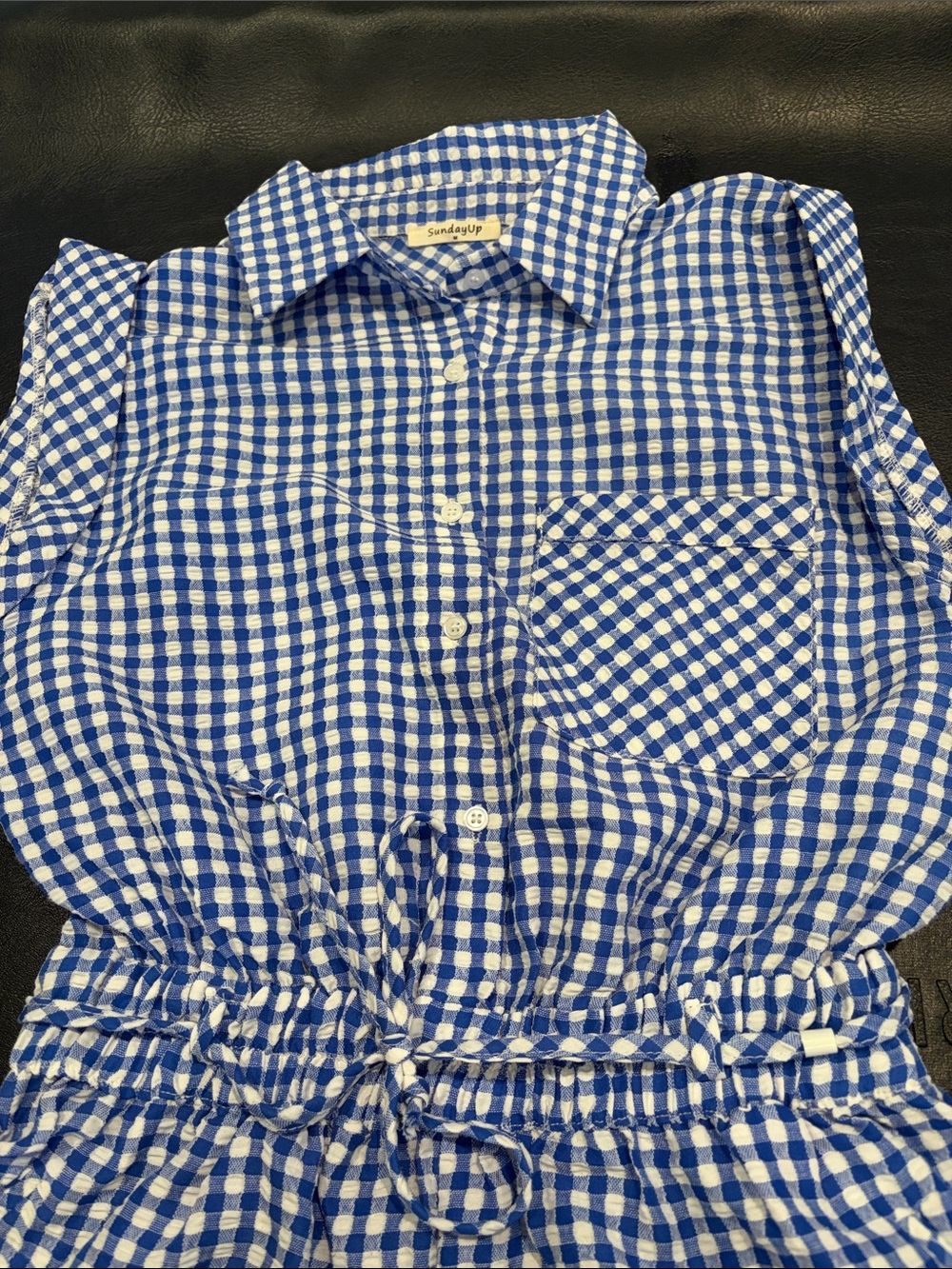 Sunday Blue & White Gingham Button-Front Romper women’s Medium 4/6 - Picture 4 of 4